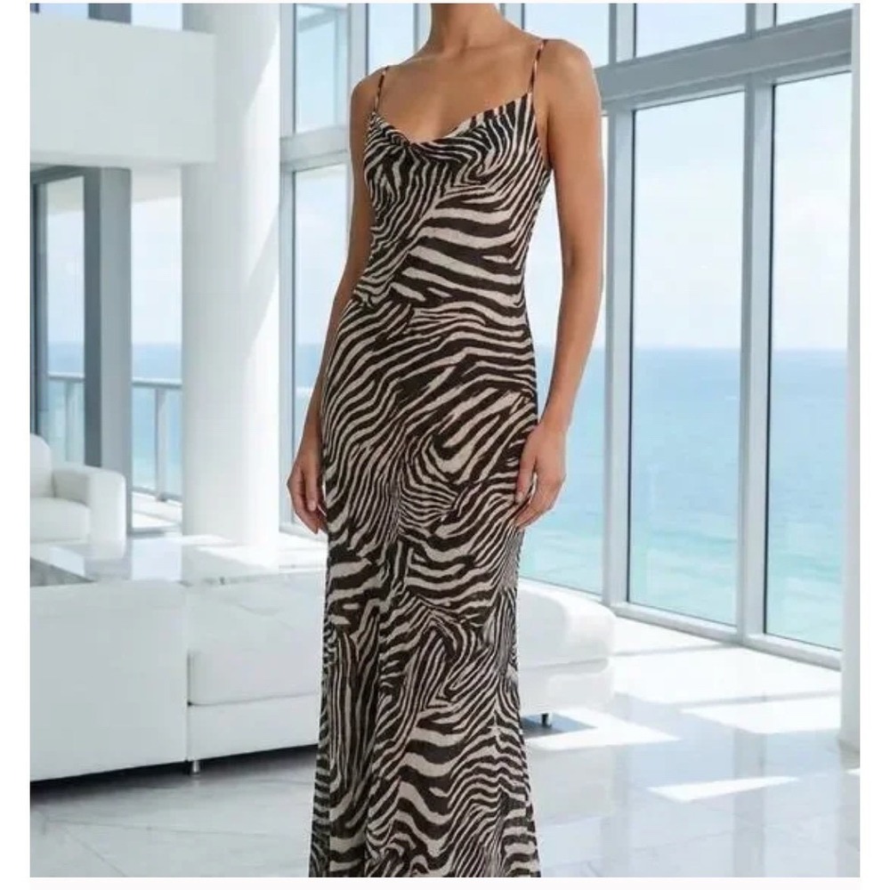 Rumored Zebra-Print Maxi Slip Dress in Black and Cream